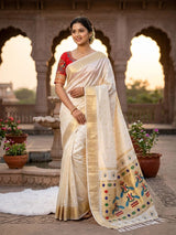 Allure Beige Paithani Silk Saree With Handwork Blouse Piece