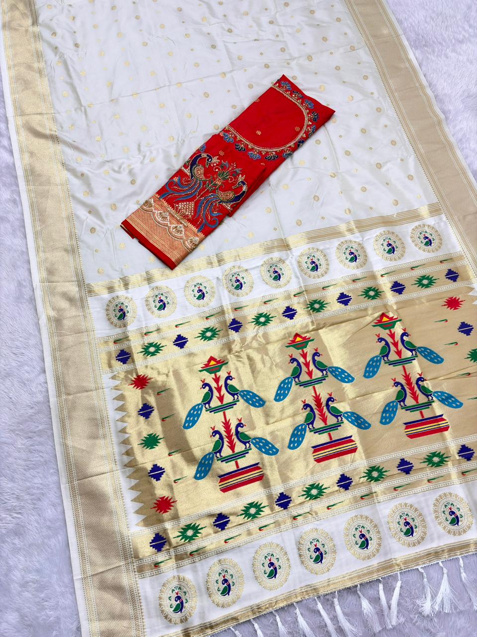 Allure Beige Paithani Silk Saree With Handwork Blouse Piece