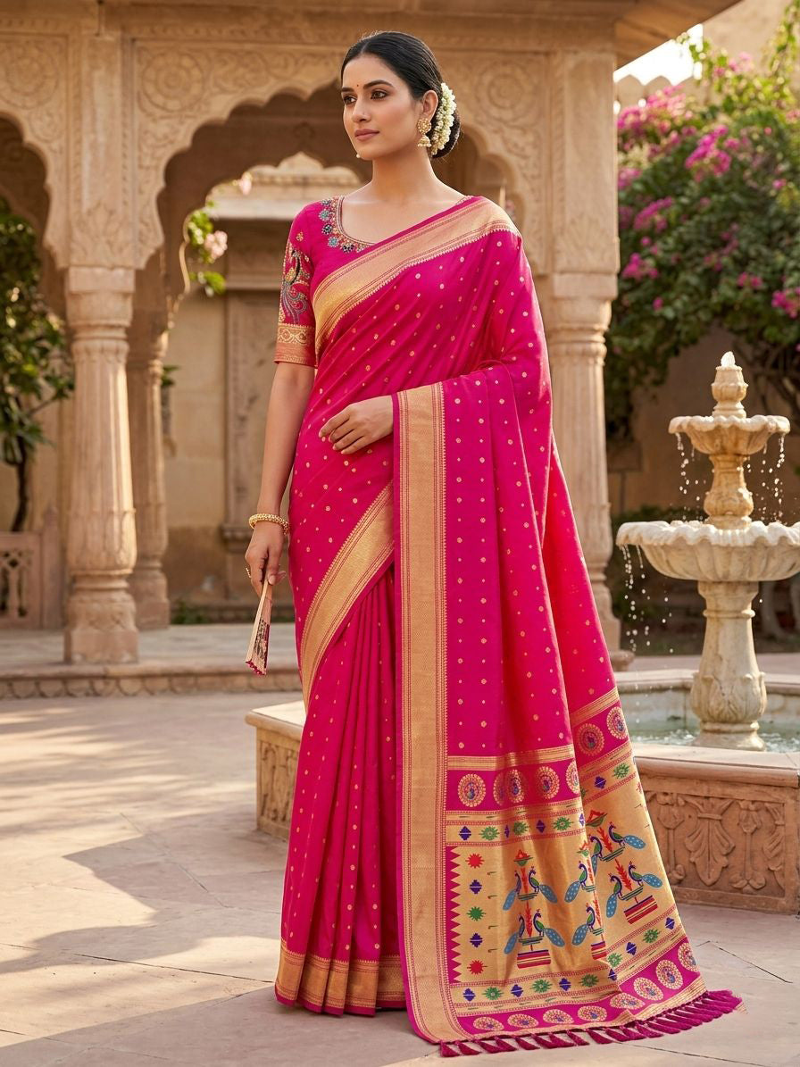 Elision Dark Pink Paithani Silk Saree With Handwork Blouse Piece