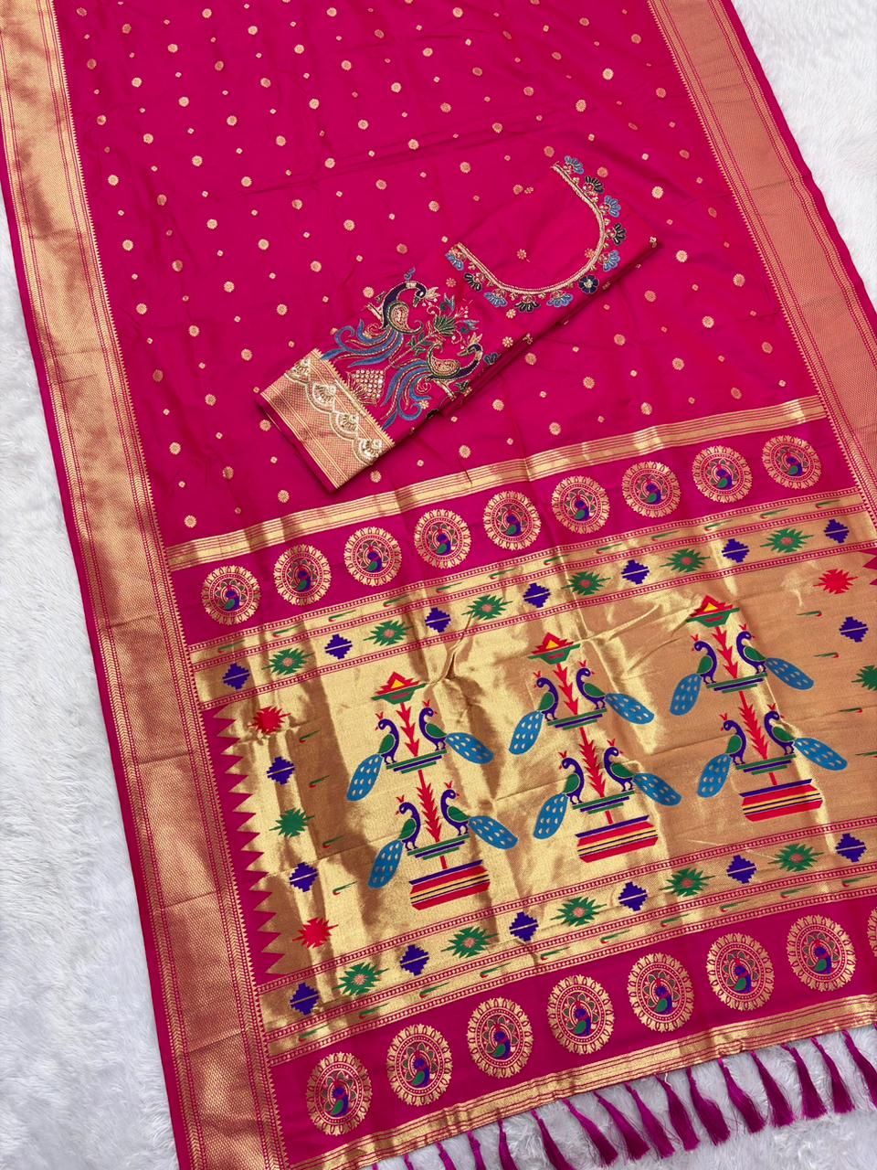 Elision Dark Pink Paithani Silk Saree With Handwork Blouse Piece