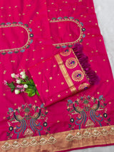 Elision Dark Pink Paithani Silk Saree With Handwork Blouse Piece