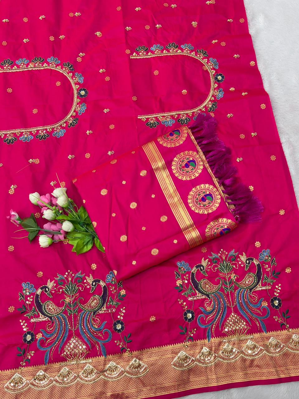 Elision Dark Pink Paithani Silk Saree With Handwork Blouse Piece