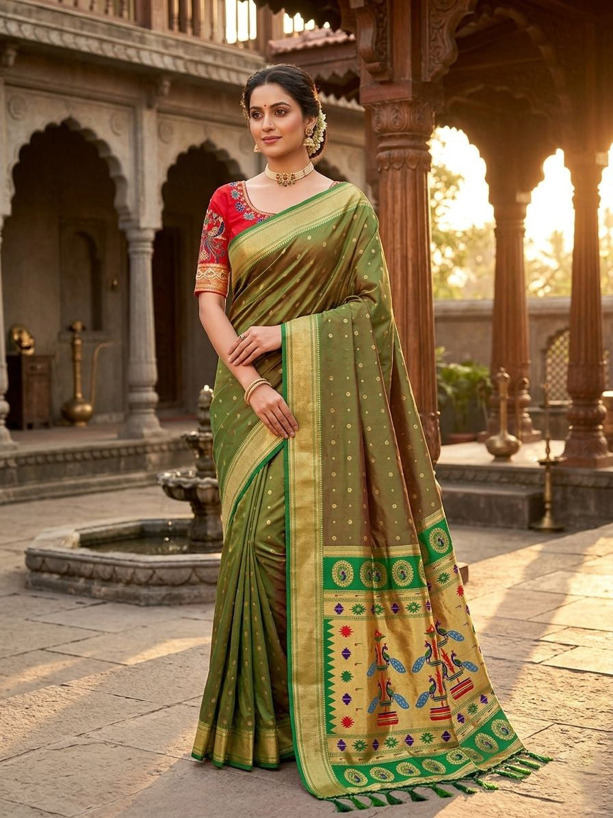 Dissemble Green Paithani Silk Saree With Handwork Blouse Piece