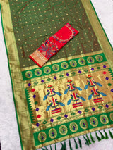 Dissemble Green Paithani Silk Saree With Handwork Blouse Piece