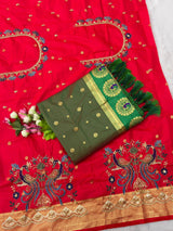 Dissemble Green Paithani Silk Saree With Handwork Blouse Piece