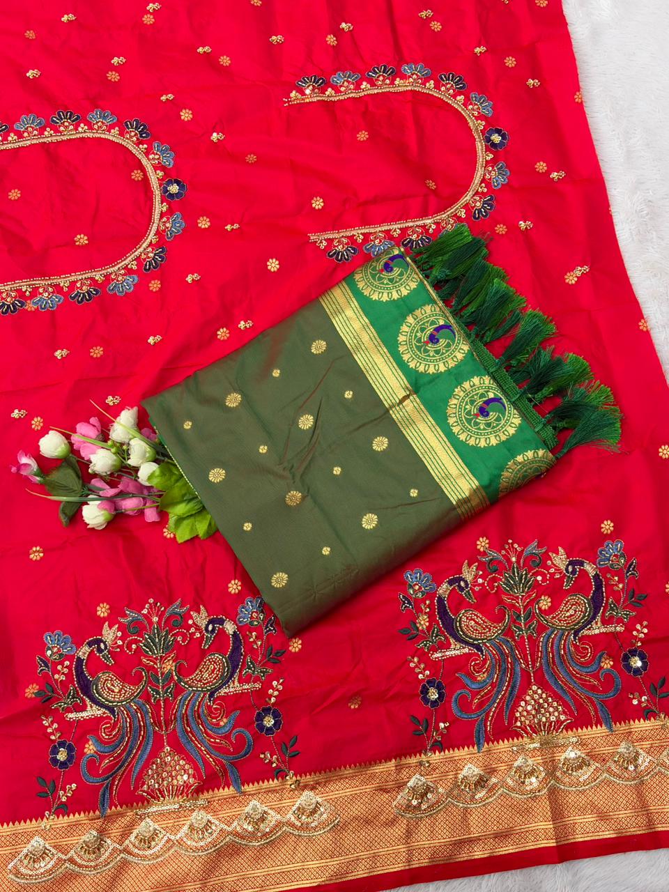 Dissemble Green Paithani Silk Saree With Handwork Blouse Piece