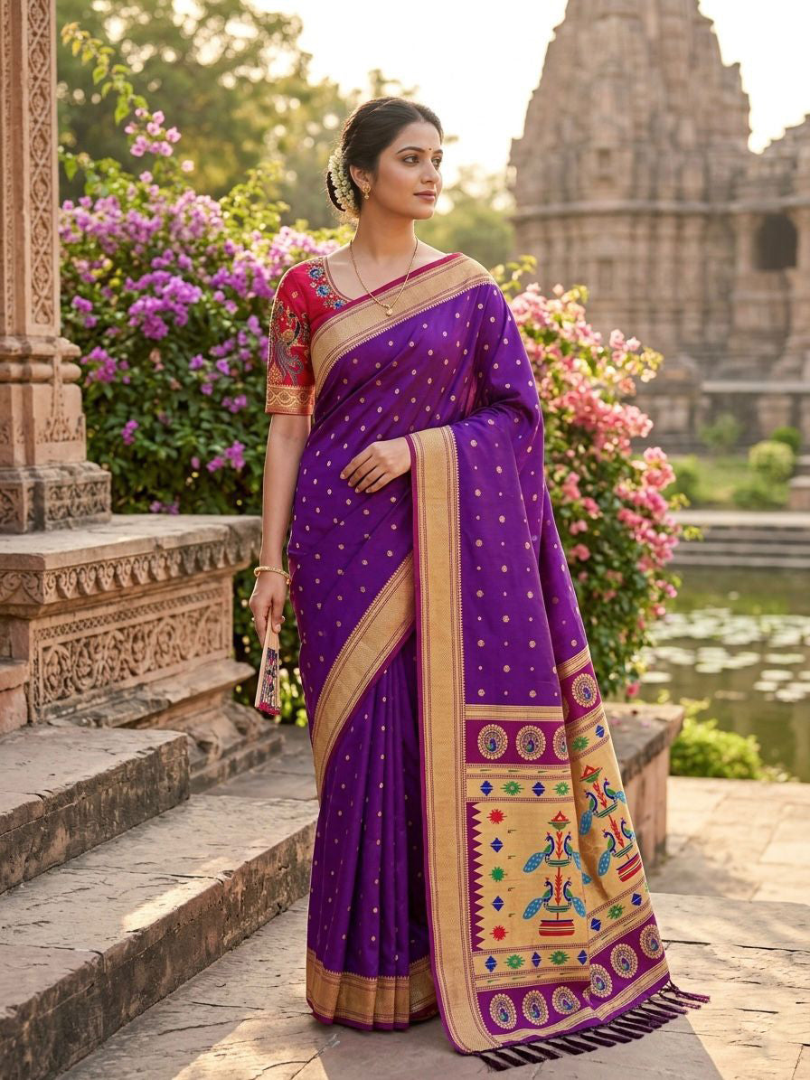 Sumptuous Purple Paithani Silk Saree With Handwork Blouse Piece