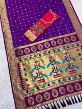 Sumptuous Purple Paithani Silk Saree With Handwork Blouse Piece