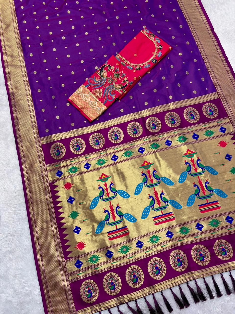 Sumptuous Purple Paithani Silk Saree With Handwork Blouse Piece