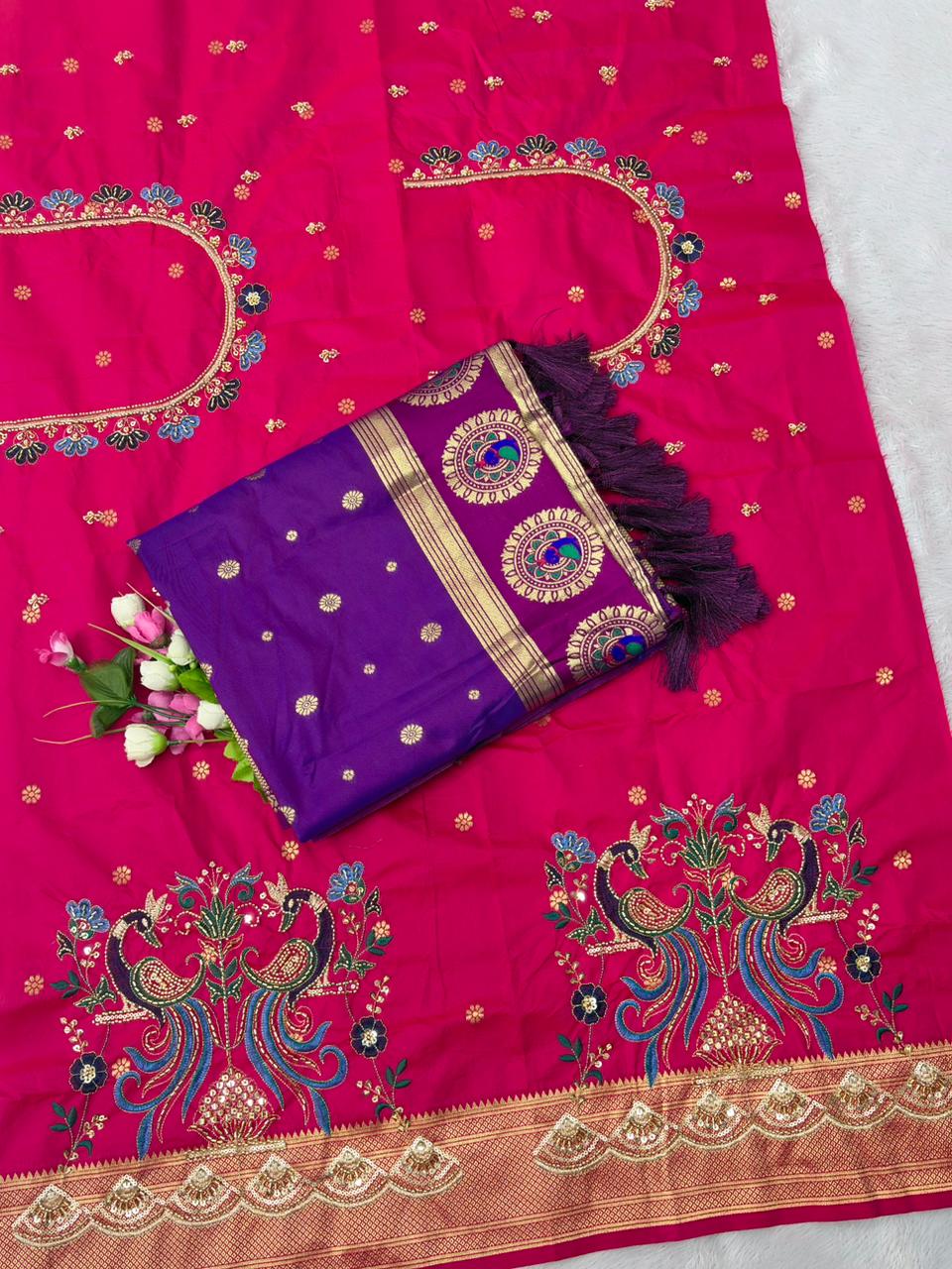 Sumptuous Purple Paithani Silk Saree With Handwork Blouse Piece