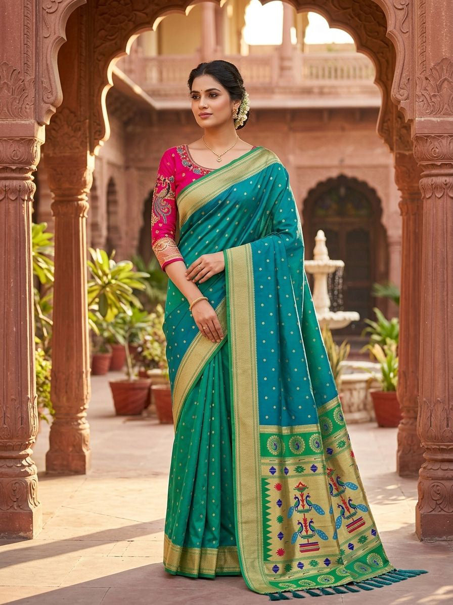 Blooming Rama Paithani Silk Saree With Handwork Blouse Piece