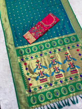 Blooming Rama Paithani Silk Saree With Handwork Blouse Piece