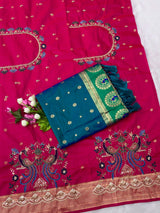 Blooming Rama Paithani Silk Saree With Handwork Blouse Piece