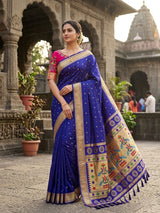 Delightful Royal Blue Paithani Silk Saree With Handwork Blouse Piece