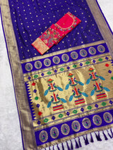 Delightful Royal Blue Paithani Silk Saree With Handwork Blouse Piece