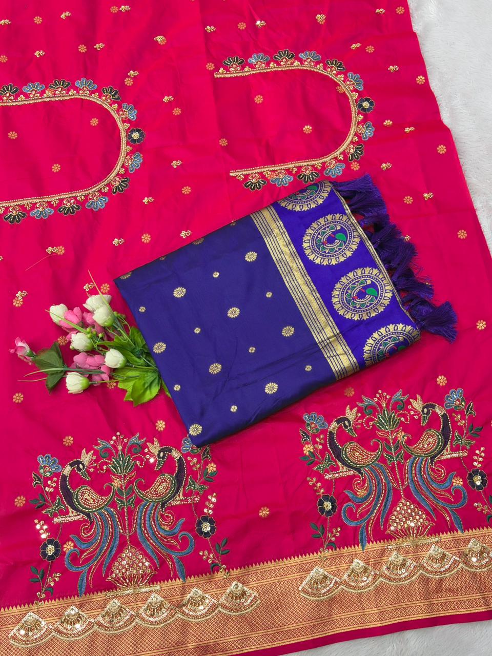 Delightful Royal Blue Paithani Silk Saree With Handwork Blouse Piece