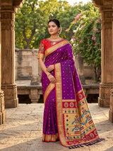 Prettiest Royal Purple Paithani Silk Saree With Handwork Blouse Piece