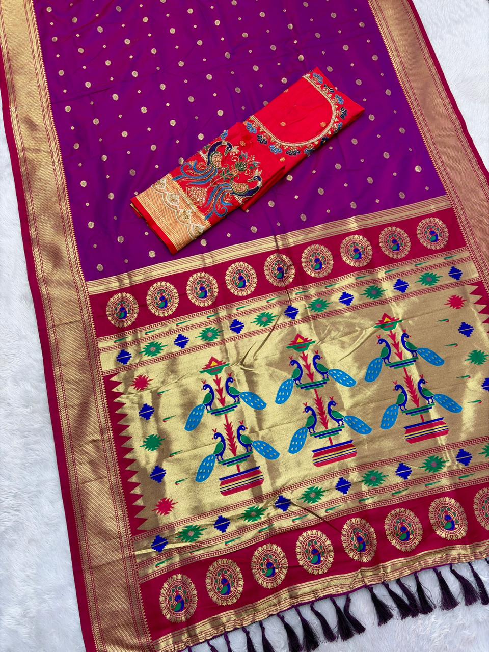 Prettiest Royal Purple Paithani Silk Saree With Handwork Blouse Piece