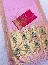 Nectarous Baby Pink Paithani Silk Saree With Handwork Blouse Piece