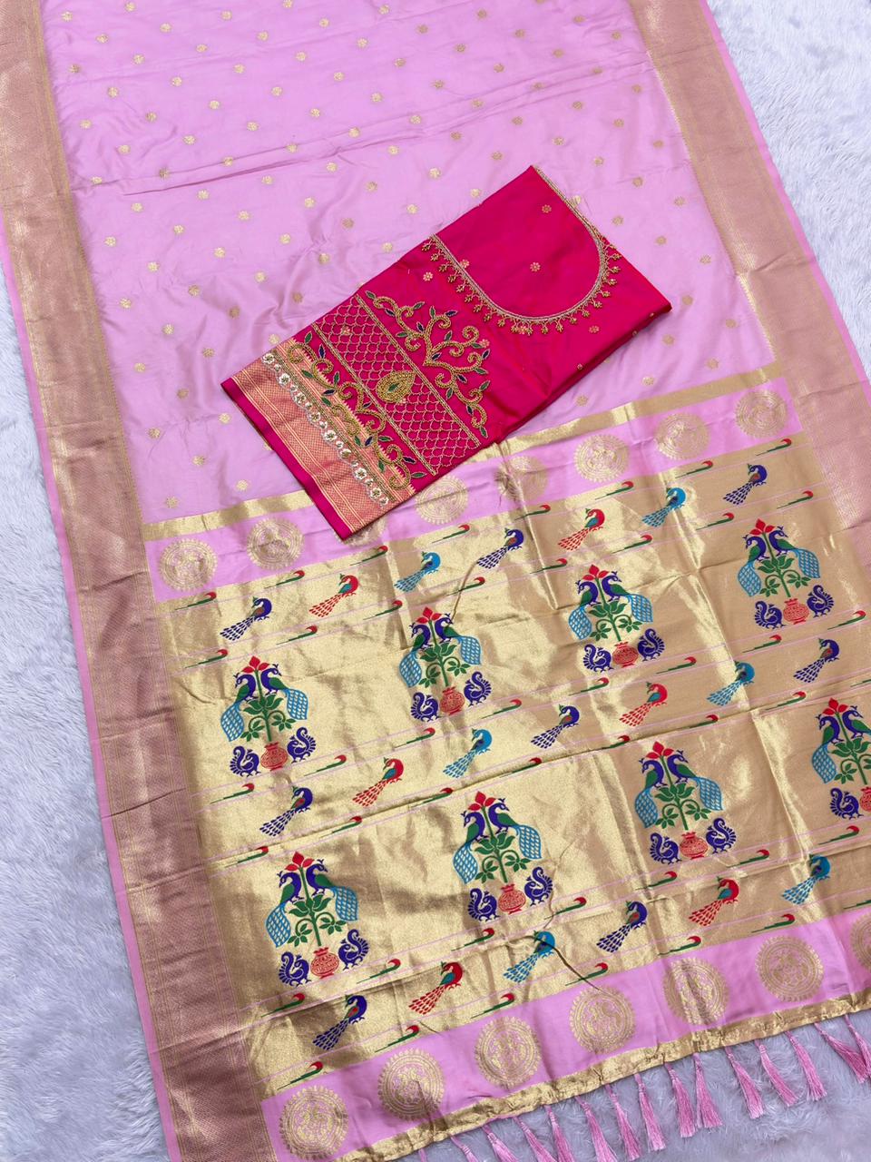Nectarous Baby Pink Paithani Silk Saree With Handwork Blouse Piece