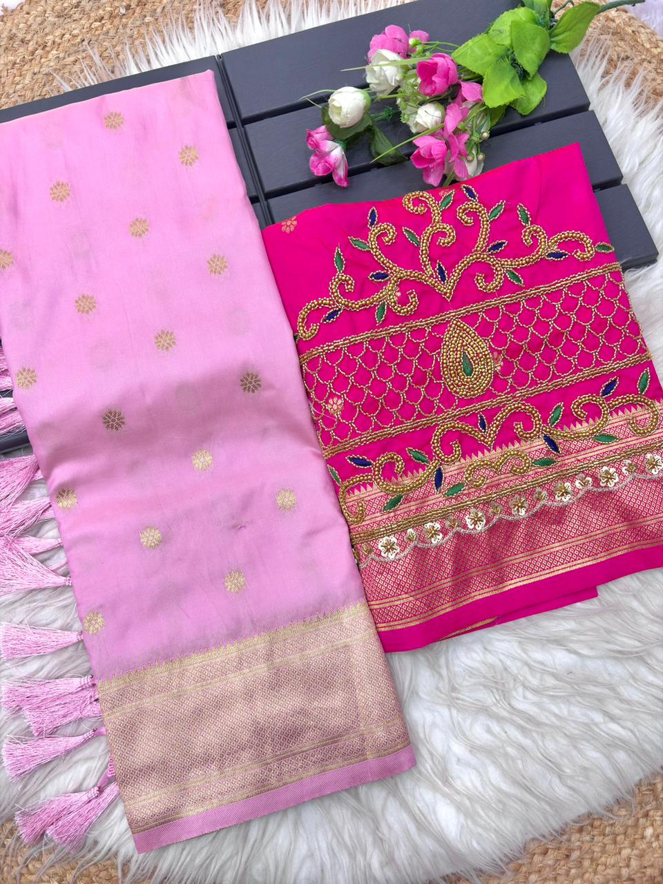Nectarous Baby Pink Paithani Silk Saree With Handwork Blouse Piece