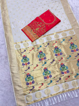 Snazzy Beige Paithani Silk Saree With Handwork Blouse Piece
