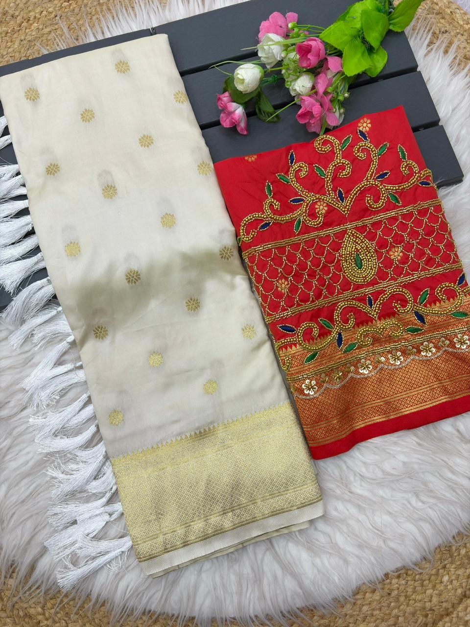 Snazzy Beige Paithani Silk Saree With Handwork Blouse Piece