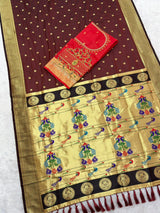 Ineffable Maroon Paithani Silk Saree With Handwork Blouse Piece