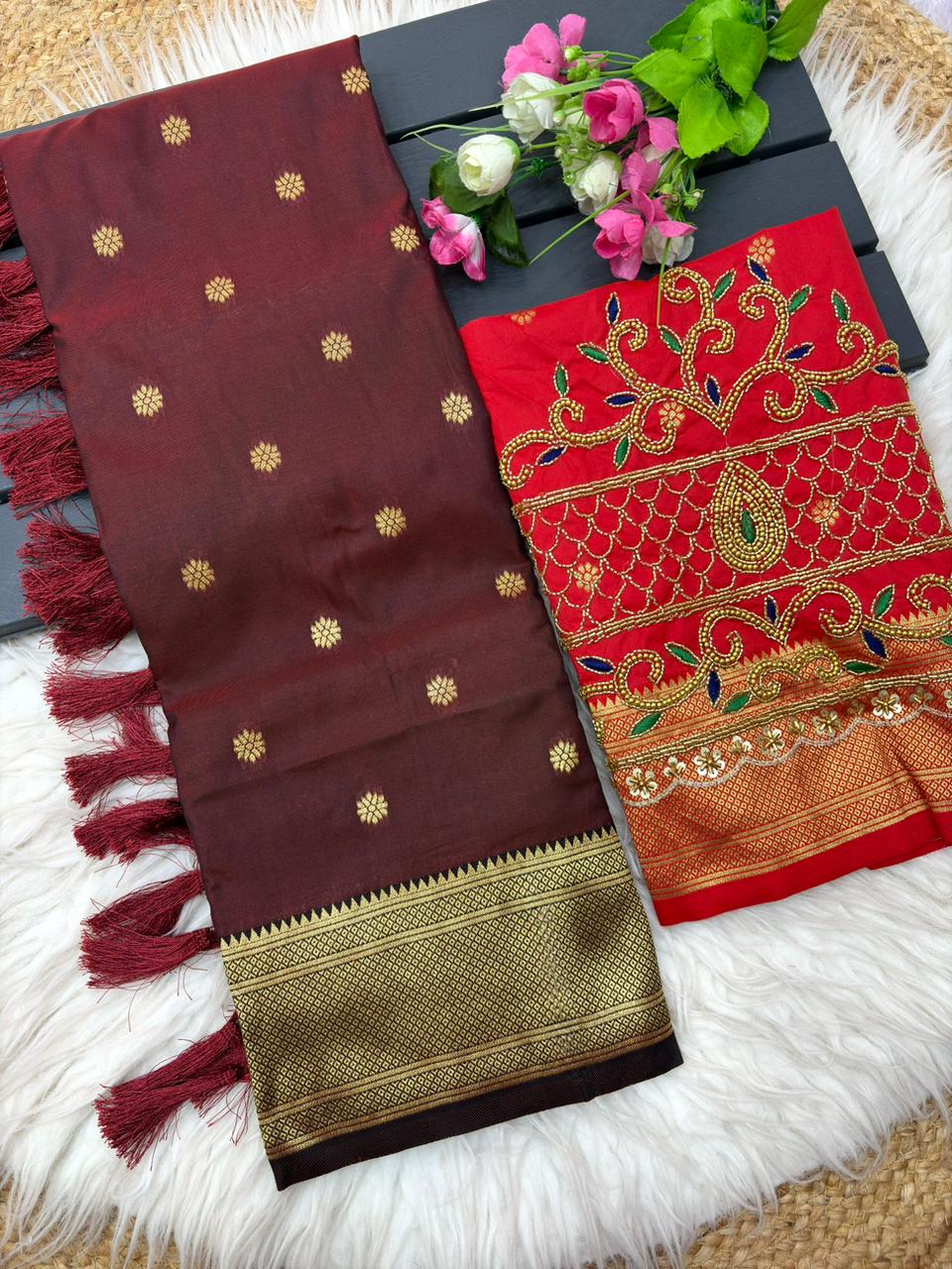 Ineffable Maroon Paithani Silk Saree With Handwork Blouse Piece