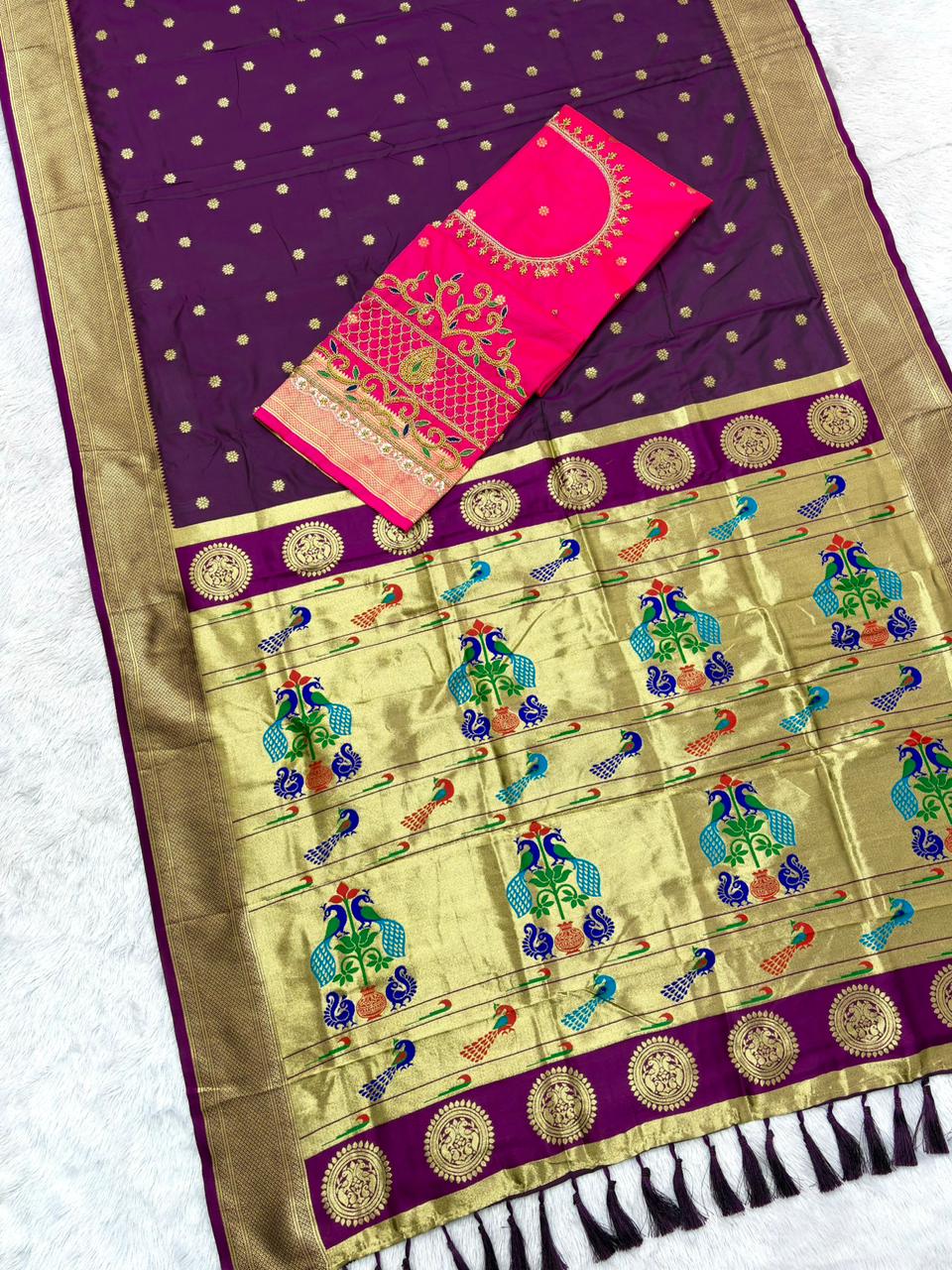 Blissful Purple Paithani Silk Saree With Handwork Blouse Piece