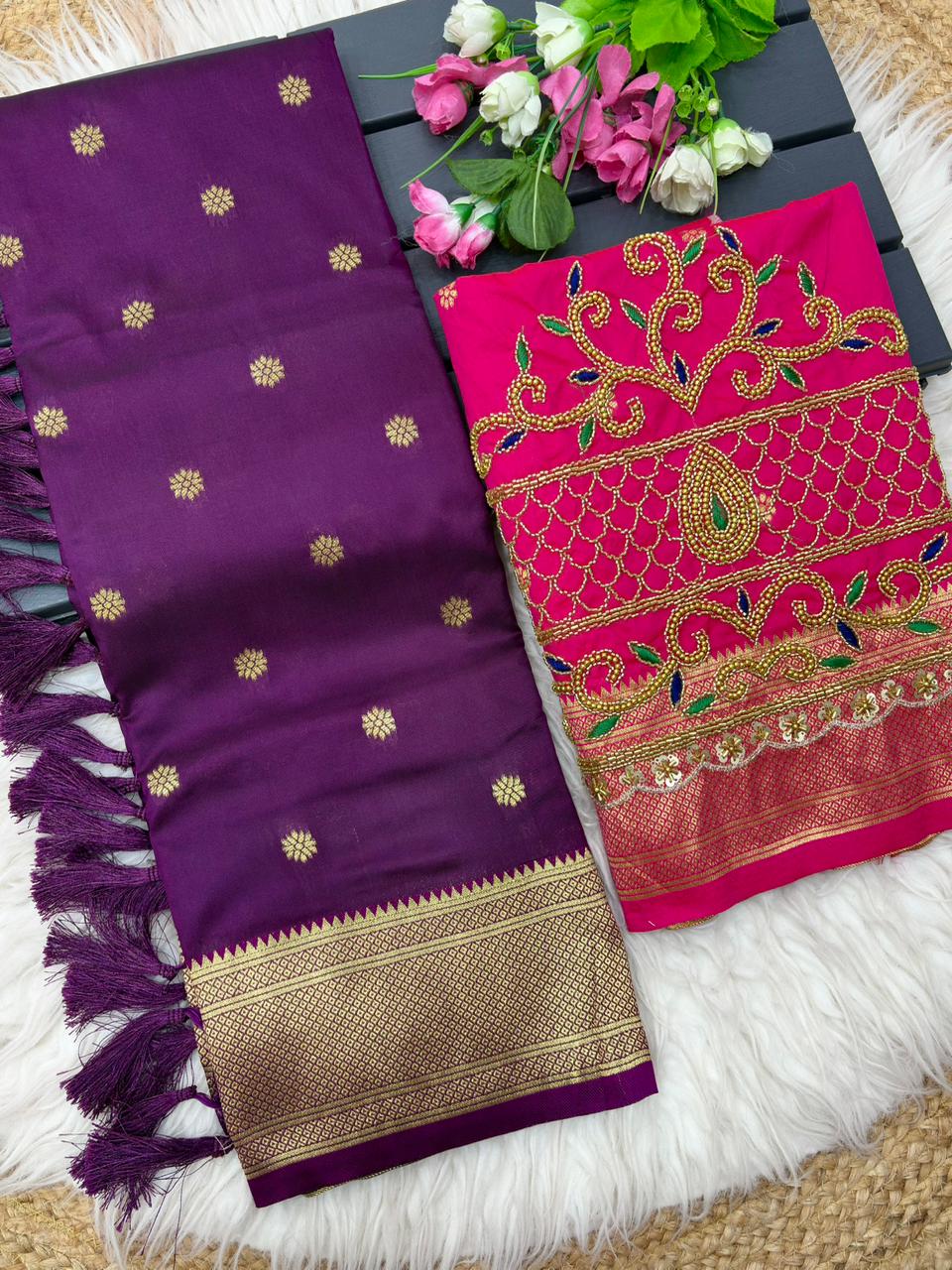 Blissful Purple Paithani Silk Saree With Handwork Blouse Piece
