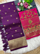 Blissful Purple Paithani Silk Saree With Handwork Blouse Piece