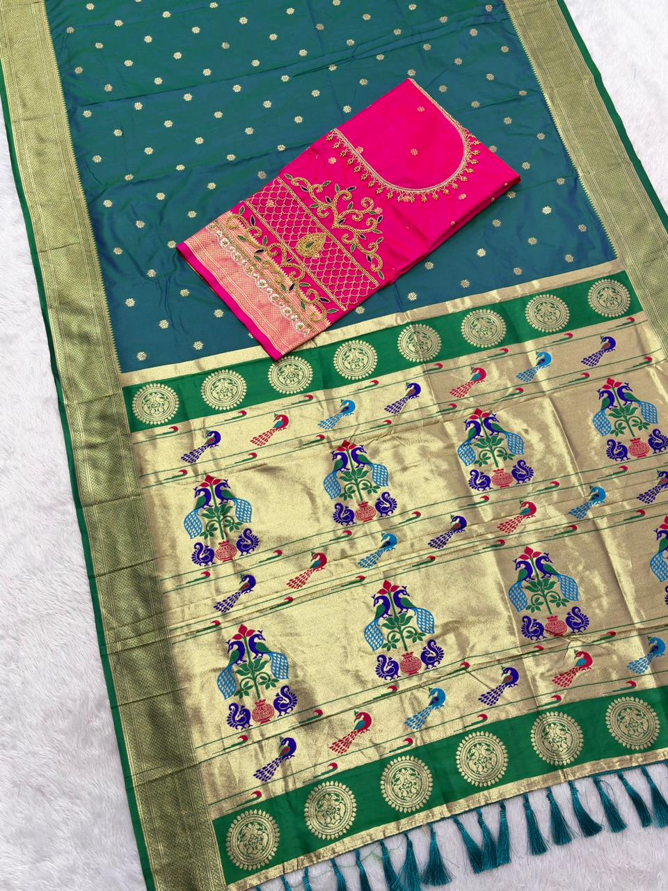 Prodigal Rama Paithani Silk Saree With Handwork Blouse Piece