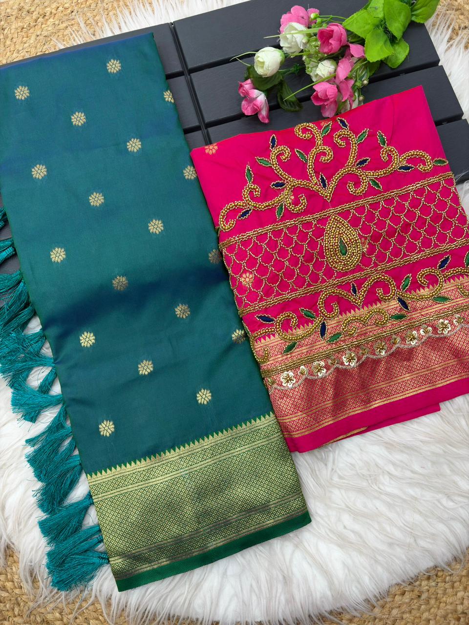 Prodigal Rama Paithani Silk Saree With Handwork Blouse Piece