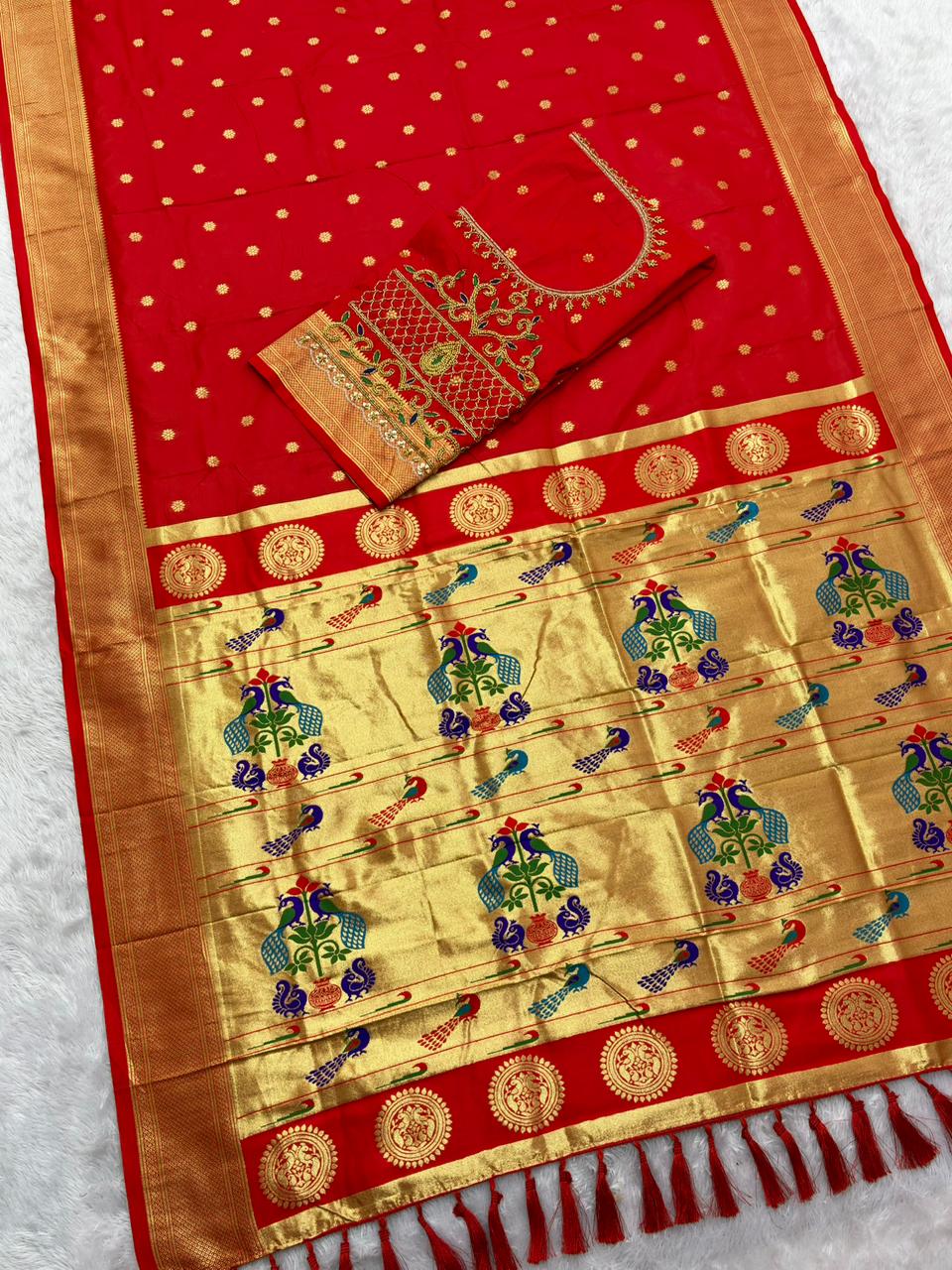 Redolent Red Paithani Silk Saree With Handwork Blouse Piece