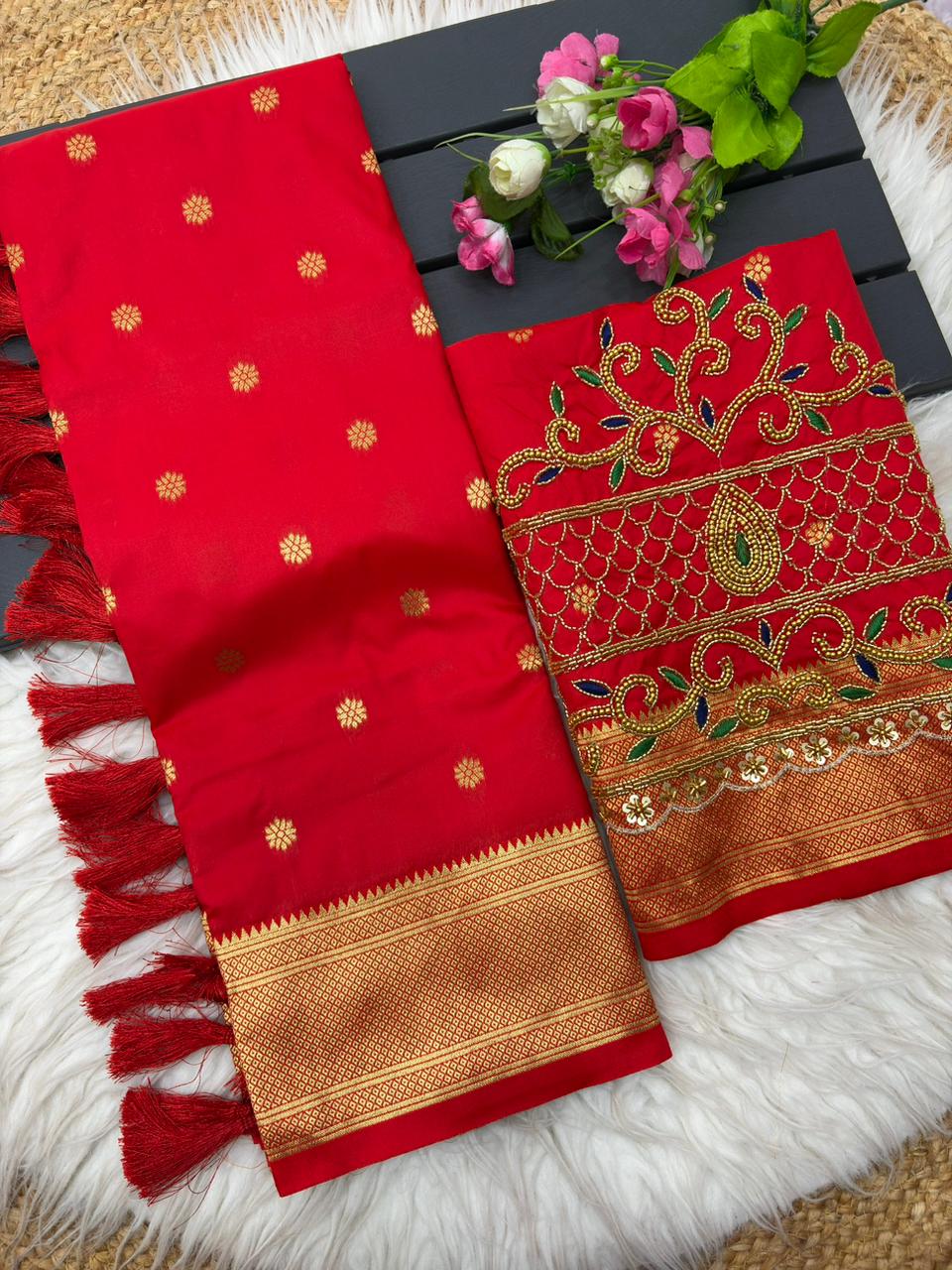 Redolent Red Paithani Silk Saree With Handwork Blouse Piece