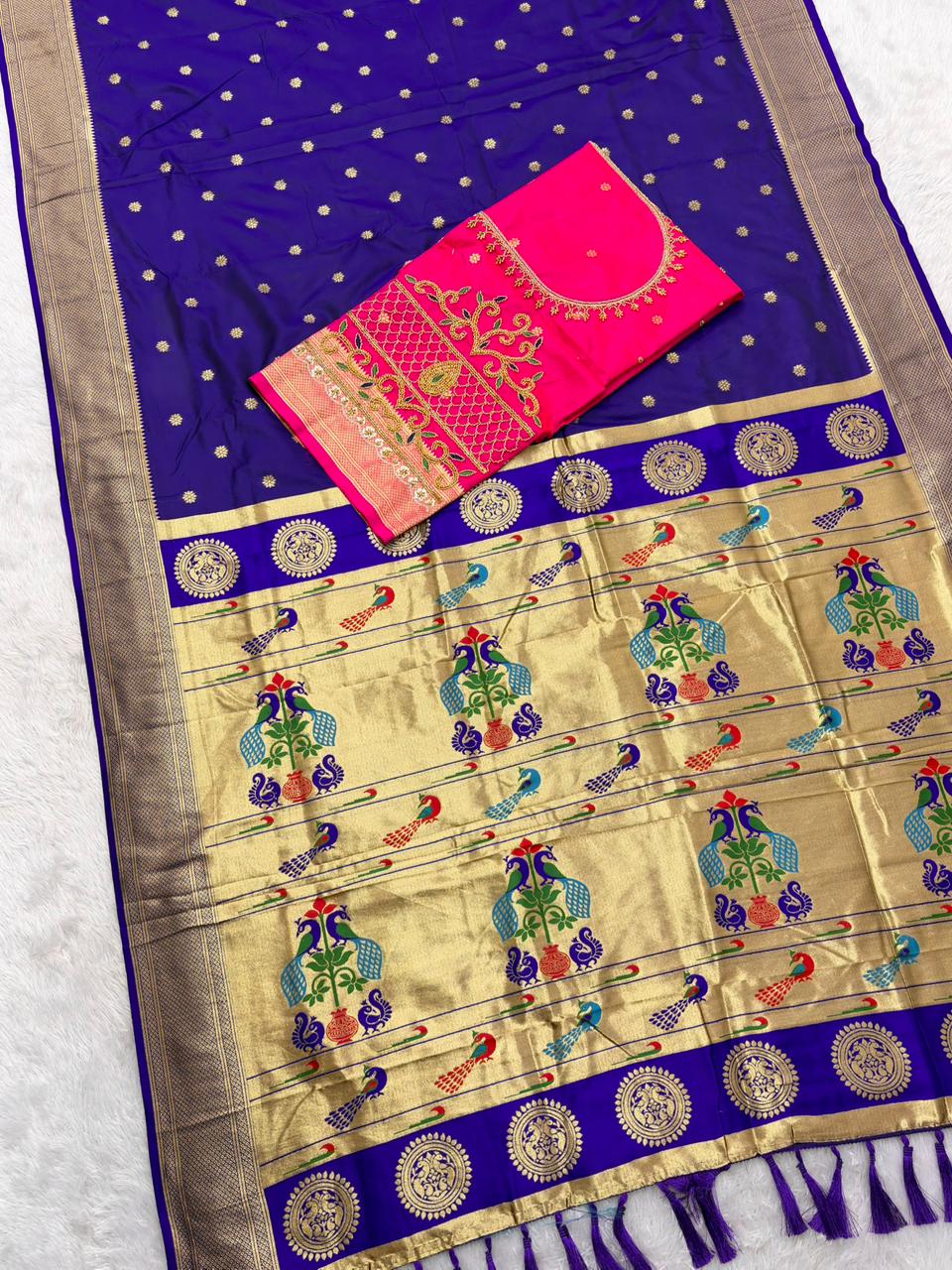 Intricate Royal Blue Paithani Silk Saree With Handwork Blouse Piece