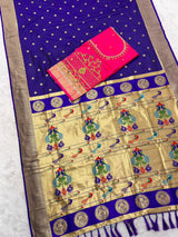 Intricate Royal Blue Paithani Silk Saree With Handwork Blouse Piece