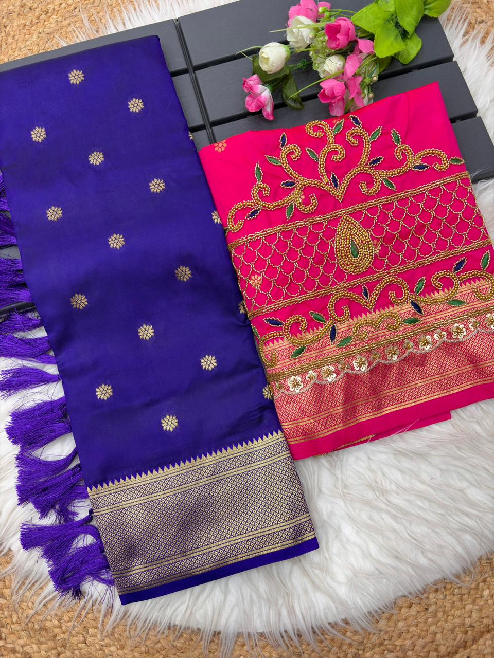 Intricate Royal Blue Paithani Silk Saree With Handwork Blouse Piece