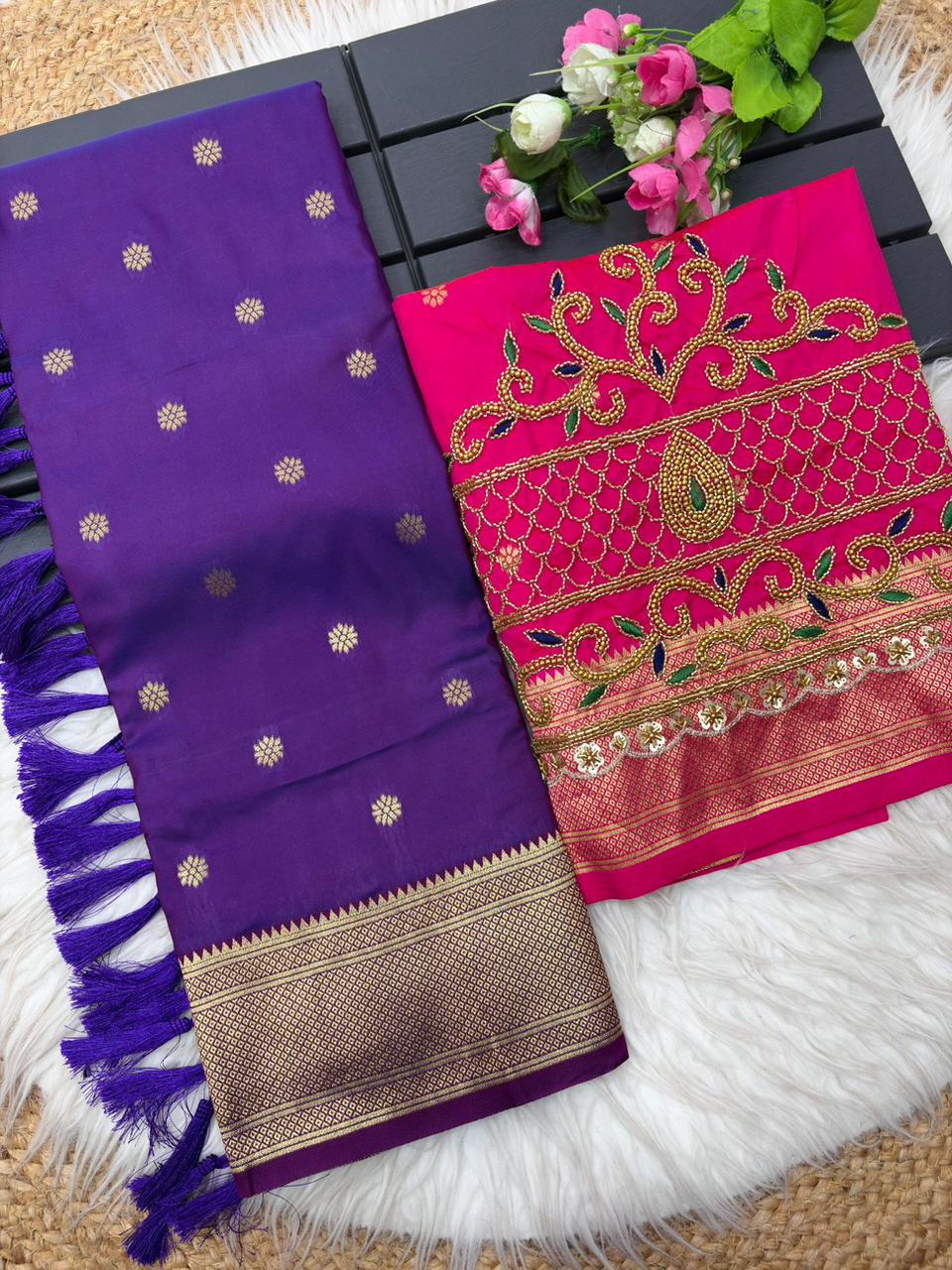 Improbable Royal Purple Paithani Silk Saree With Handwork Blouse Piece