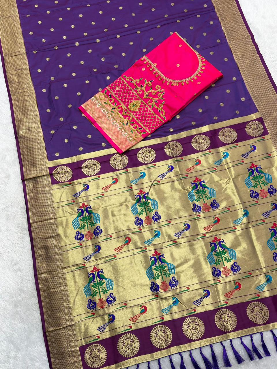 Improbable Royal Purple Paithani Silk Saree With Handwork Blouse Piece