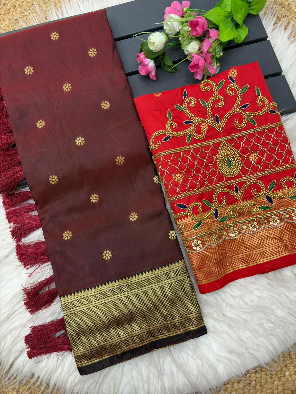 Sophisticated Maroon Paithani Silk Saree With Handwork Blouse Piece