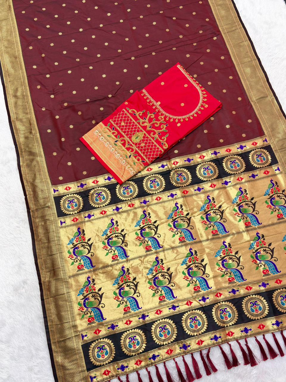Sophisticated Maroon Paithani Silk Saree With Handwork Blouse Piece