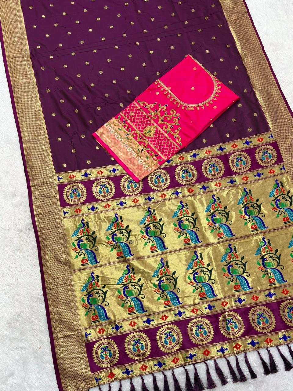 Scintillating Purple Paithani Silk Saree With Handwork Blouse Piece
