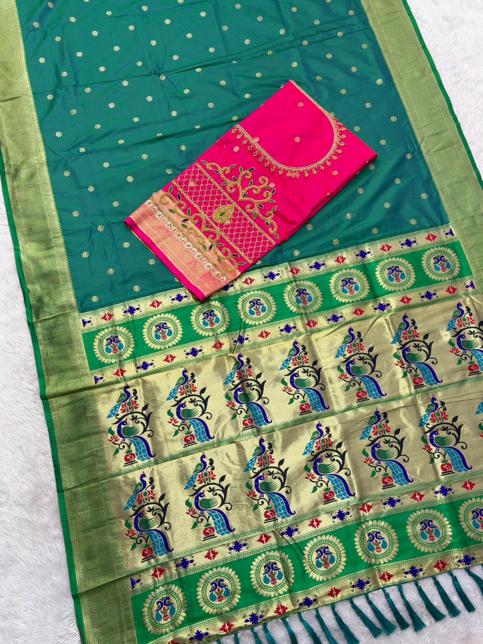 Ravishing Rama Paithani Silk Saree With Handwork Blouse Piece