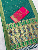 Ravishing Rama Paithani Silk Saree With Handwork Blouse Piece