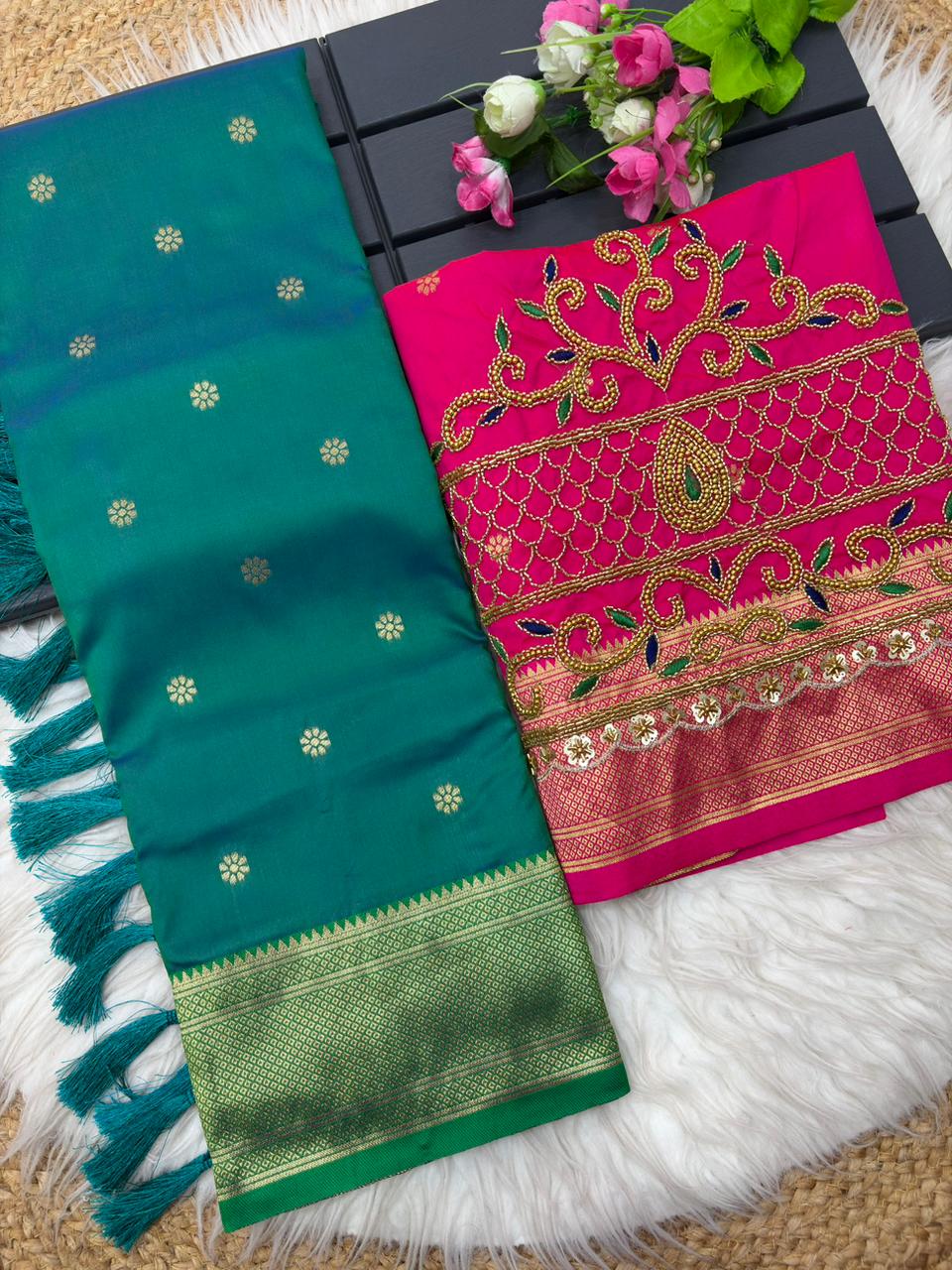 Ravishing Rama Paithani Silk Saree With Handwork Blouse Piece