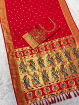 Incomparable Red Paithani Silk Saree With Handwork Blouse Piece