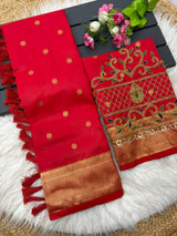 Incomparable Red Paithani Silk Saree With Handwork Blouse Piece