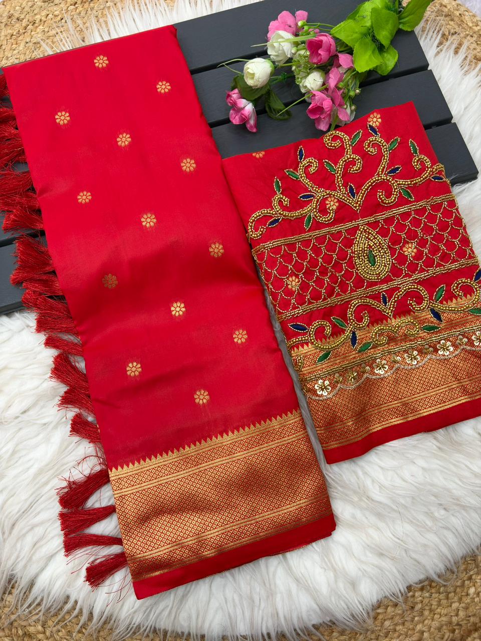 Incomparable Red Paithani Silk Saree With Handwork Blouse Piece